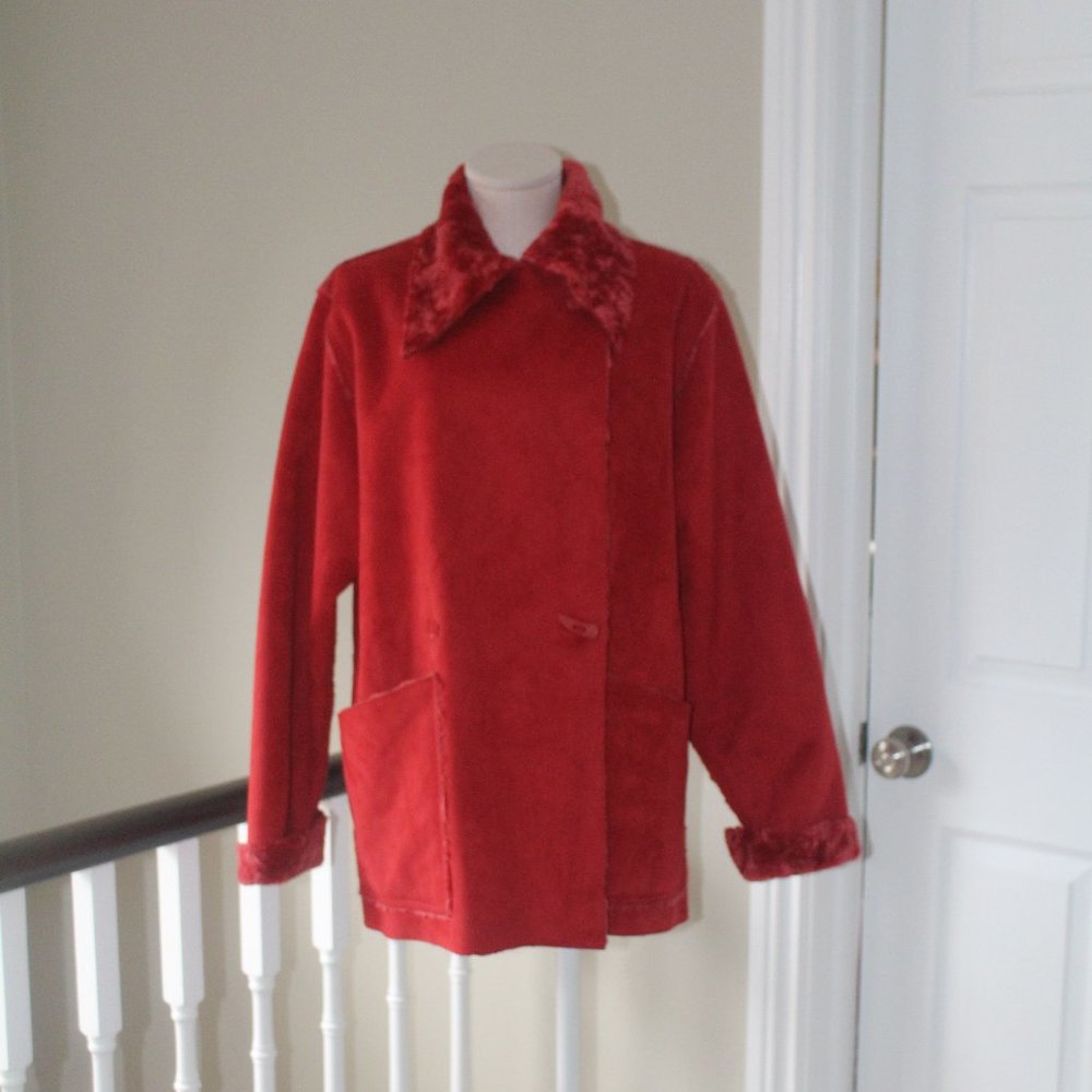 Linda Lundstrom Reversible faux suede ruby red jacket with matching hat